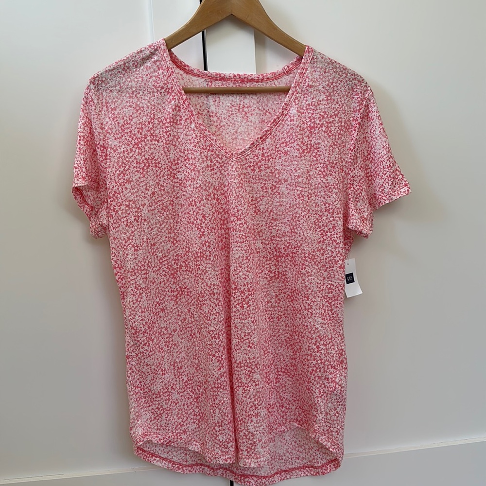 NWT Women’s Gap Pink Star Print Linen Short Sleeve Shirt Sz Large Machine Wash